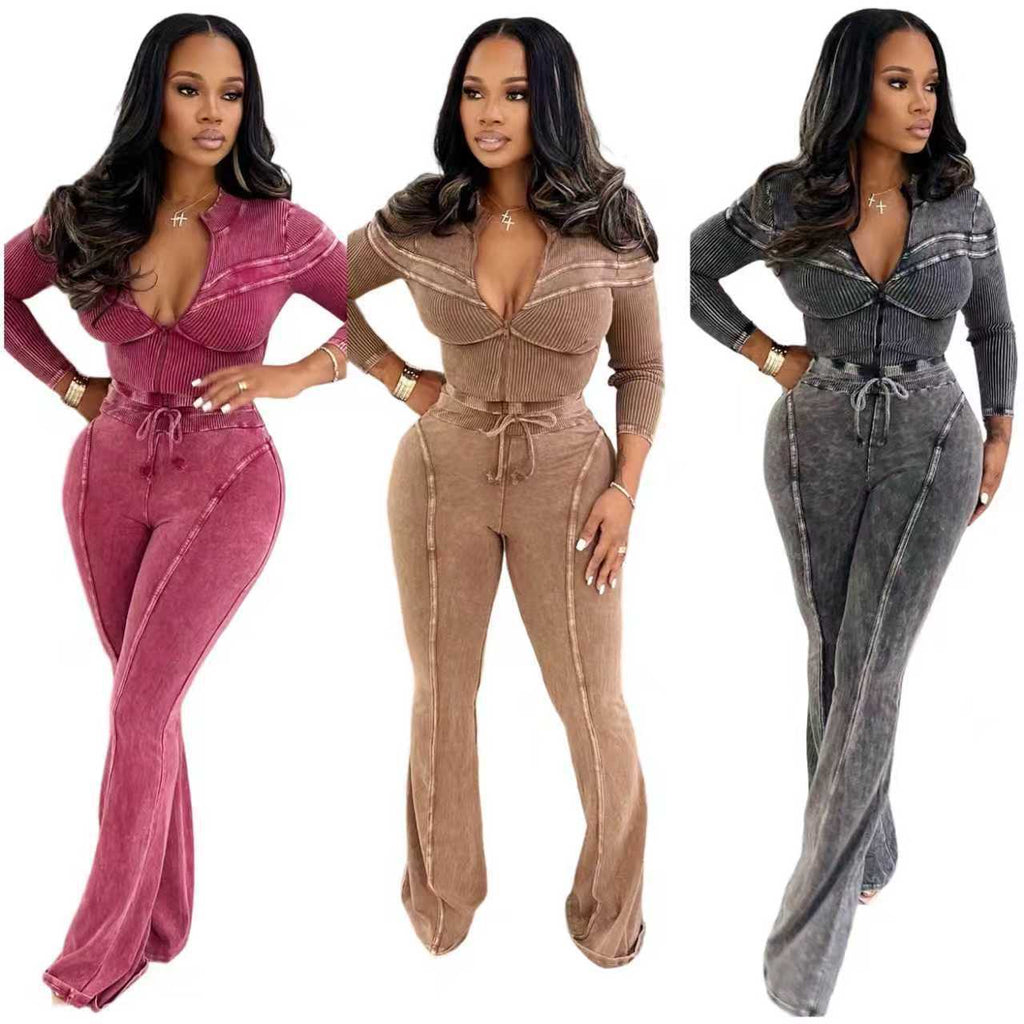 Casual Fashion Patchwork Washed Distressed Two-Piece Set for Women