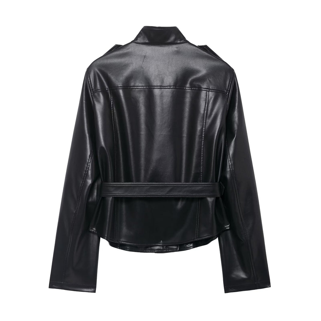 Imitation leather jacket+flared pants women's clothing