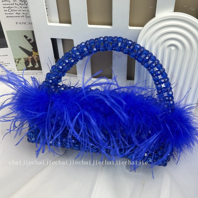 Pearl bead bag with Ostrich feather fur designer brand Clear Acrylic crystal stone box tote handbag women handmade party purse