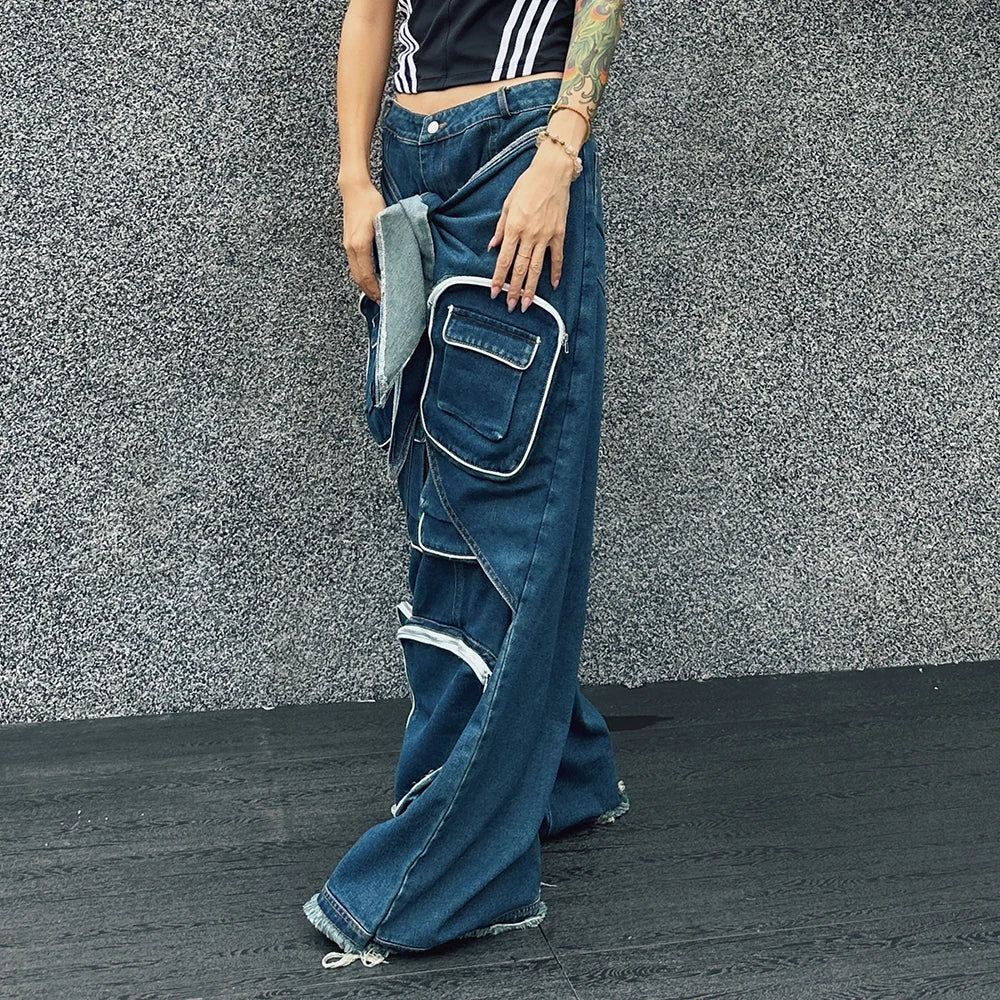 Structural binding workwear jeans for women loose fitting multi pocket jeans
