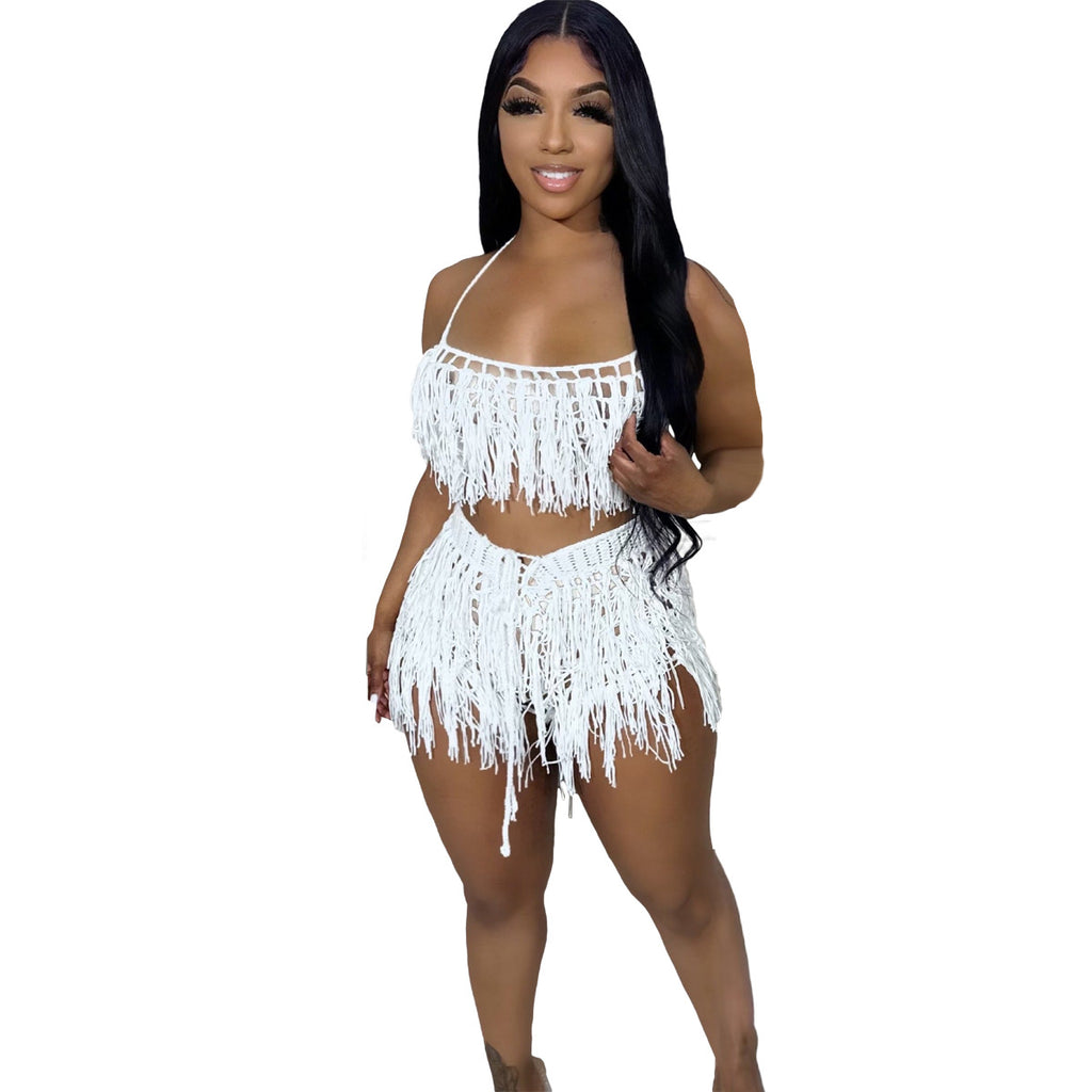 Urban Fashion Sexy Sheer Knitted Hand-Knit Tassel Beach Shorts Set