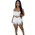 Urban Fashion Sexy Sheer Knitted Hand-Knit Tassel Beach Shorts Set