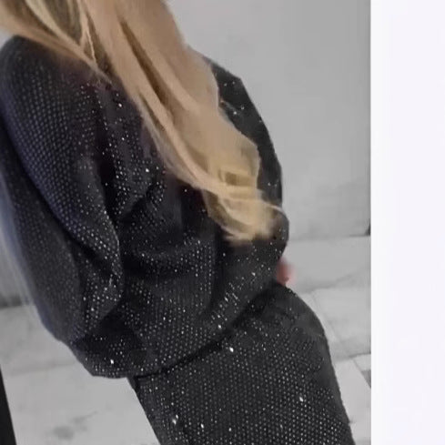 Style Autumn Winter Women's Starry Sky Long Sleeve Round Neck Loose Top with Drawstring Wide Leg Two-Piece Set