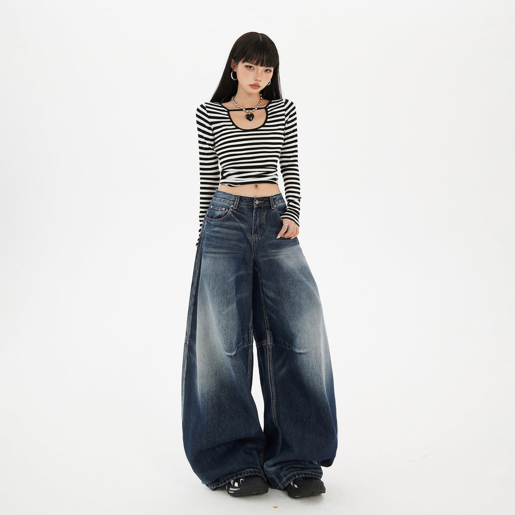 Women's Wide-Leg Jeans Washed Blue Pear-Shaped Slant Pants