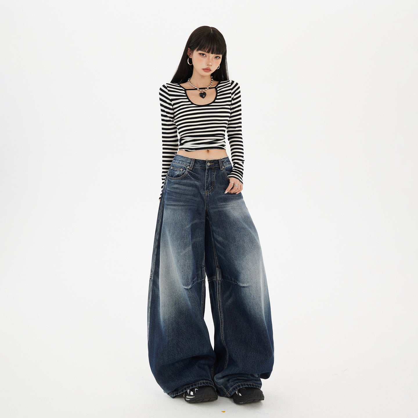 Women's Wide-Leg Jeans Washed Blue Pear-Shaped Slant Pants