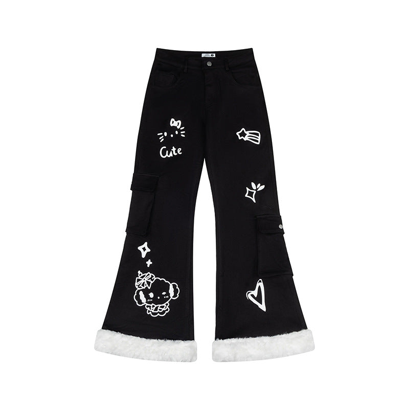 Flared Jeans with Cartoon Embroidery Multi-Pocket Raw Hem Long Pants