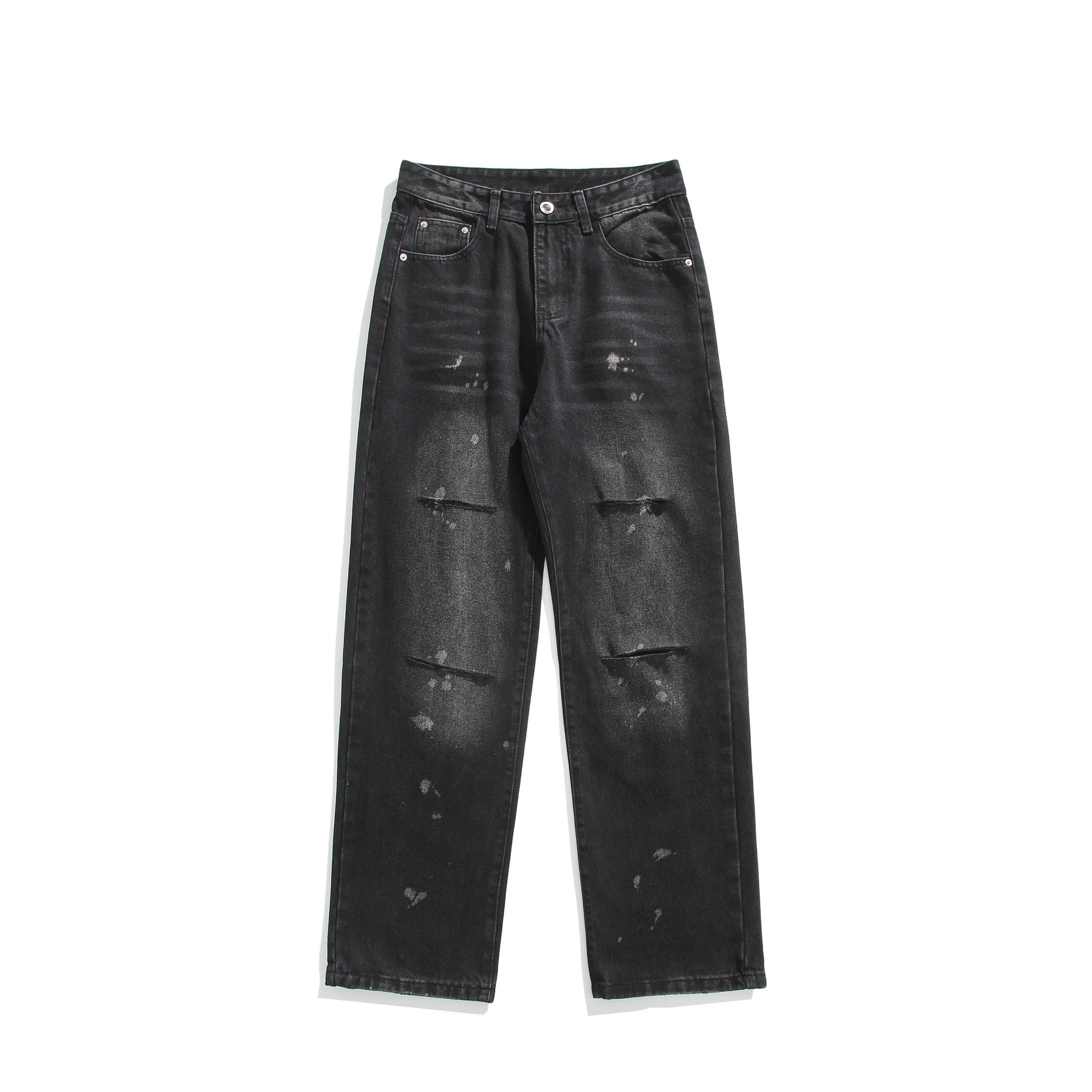 Ink splattered distressed men's jeans with holes