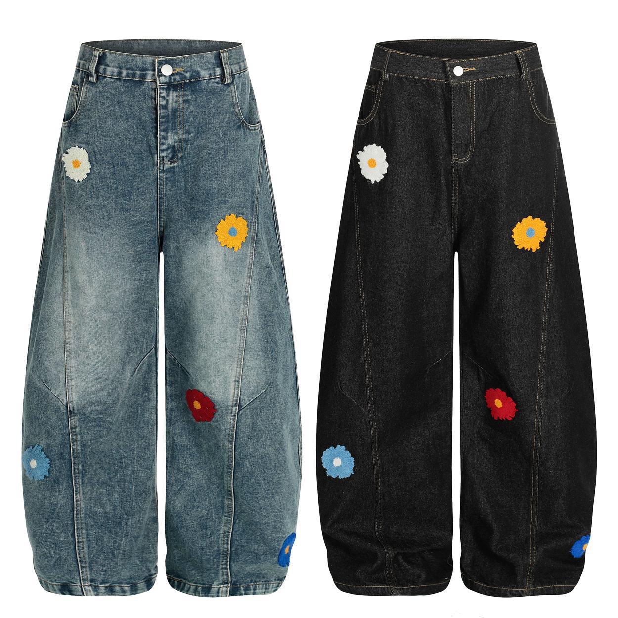 Flower embroidery washed curved knife workwear jeans