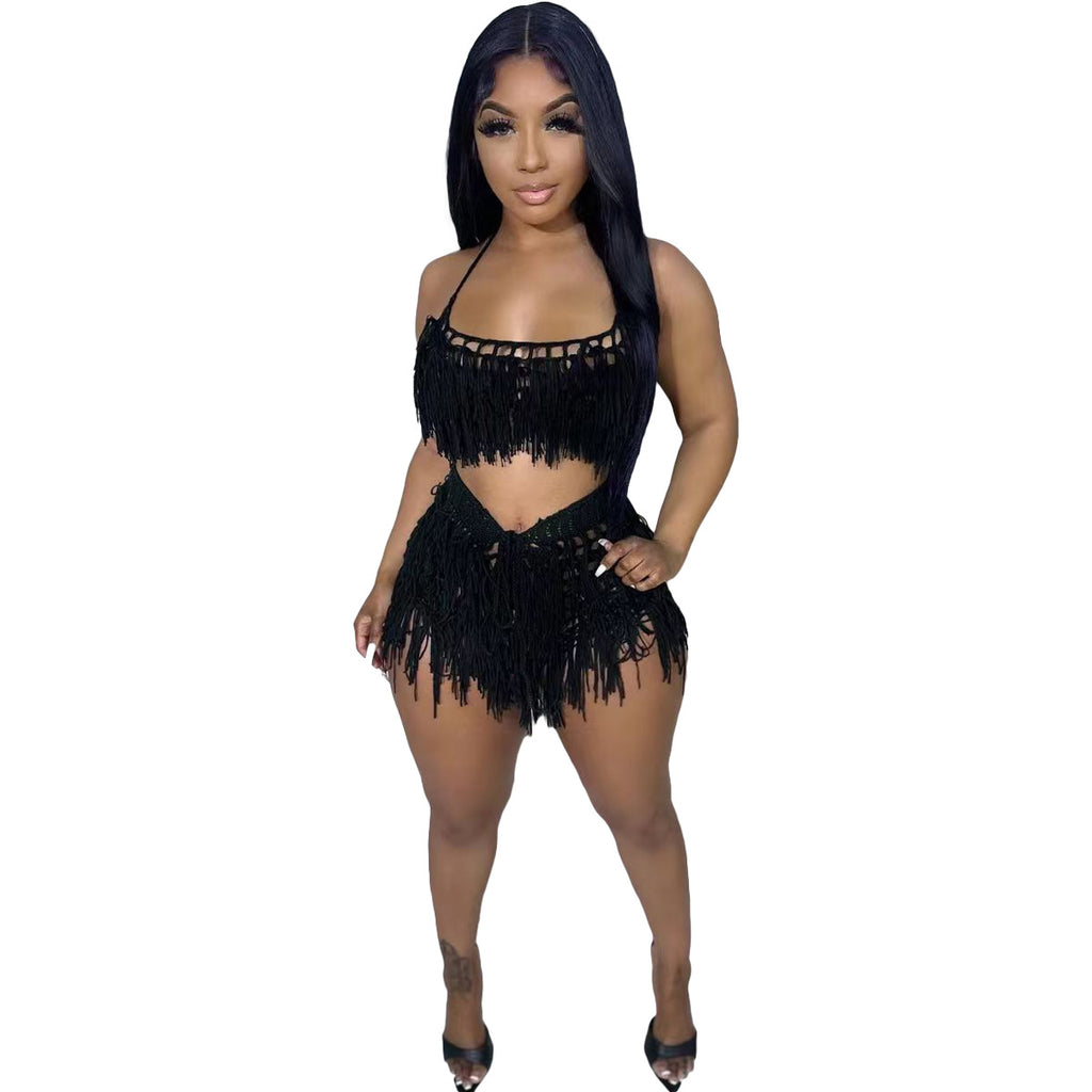 Urban Fashion Sexy Sheer Knitted Hand-Knit Tassel Beach Shorts Set