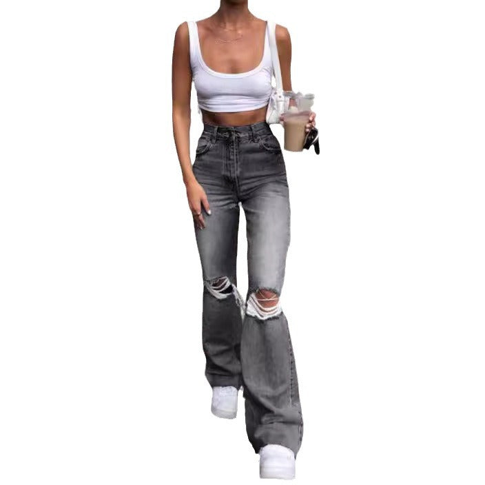 Broken hole slim fit flared jeans for women