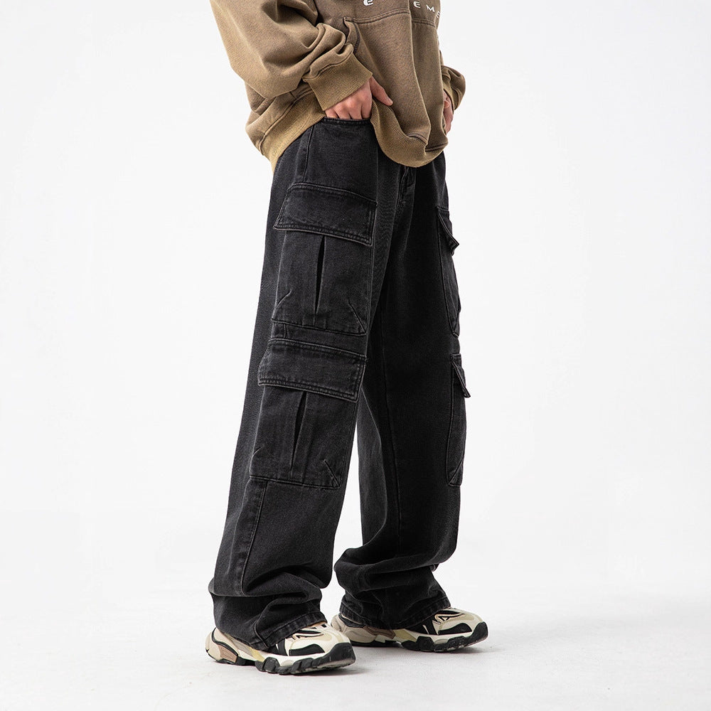 Women's workwear style distressed washed denim jeans