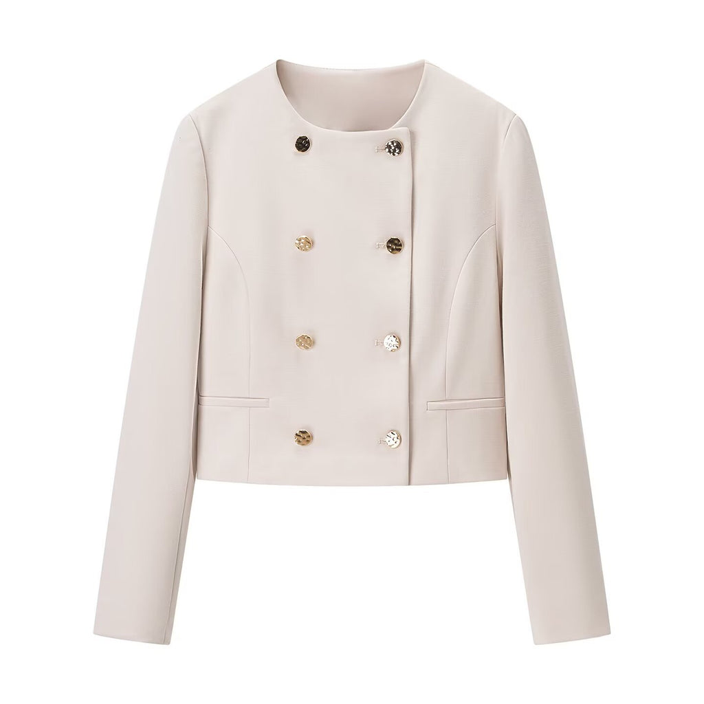 Double-Breasted Long Sleeve Notch Lapel Short Cut Suit Jacket with Chain Belt and Ankle Pants