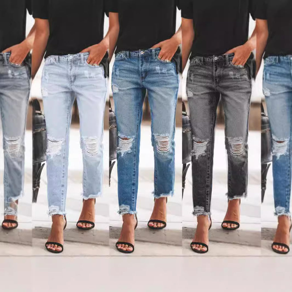 Stir fried salt cat with torn hole jeans for women