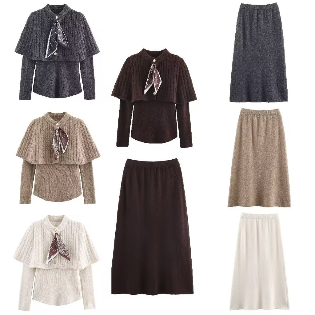 Women's Knit Three-Piece Set with Scarf Sleeve Top and Matching Pants