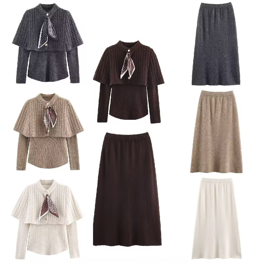 Women's Knit Three-Piece Set with Scarf Sleeve Top and Matching Pants