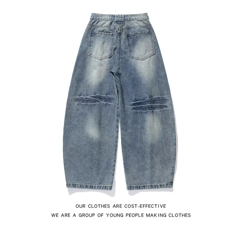 Retro washed bamboo knot deconstructive curved knife jeans