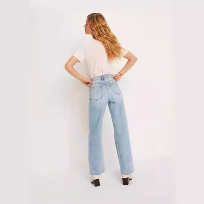High waisted straight leg ripped loose cropped jeans