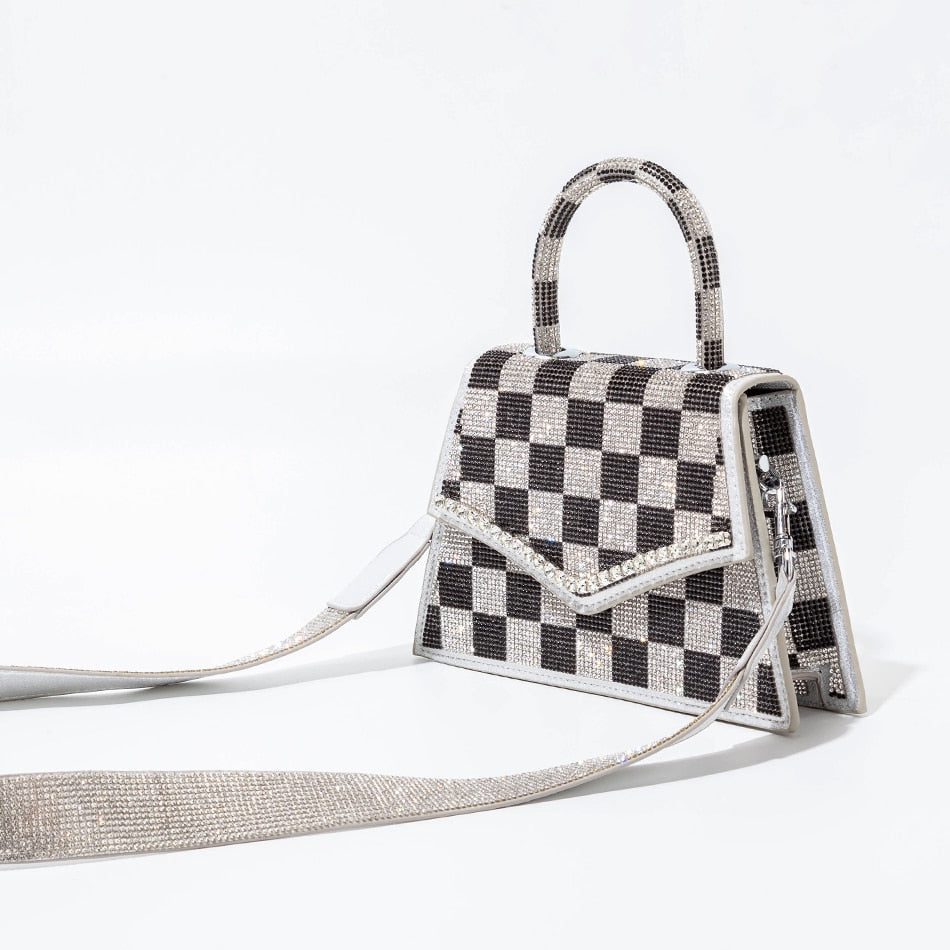 Checkerboard Patterns Crossbody Bags Women New Designer Chain Shiny Crystal Evening Clutch Purses And Handbags High Quality