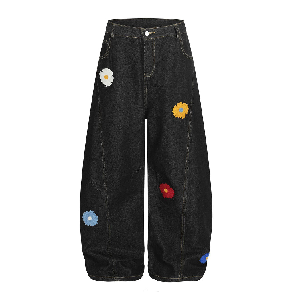 Flower embroidery washed curved knife workwear jeans