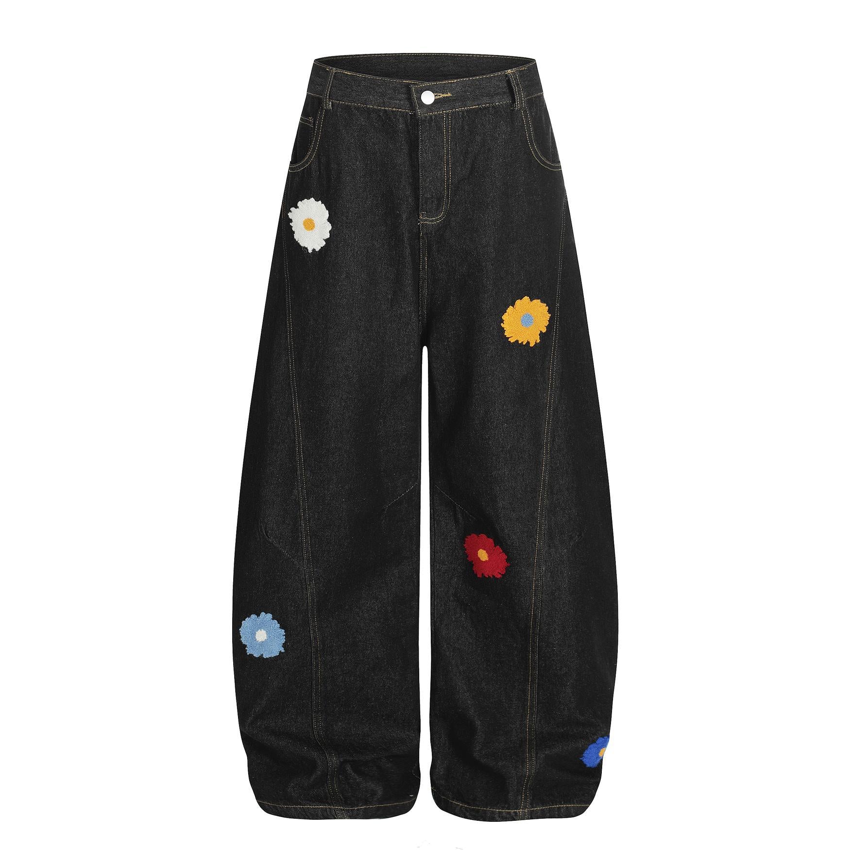 Flower embroidery washed curved knife workwear jeans