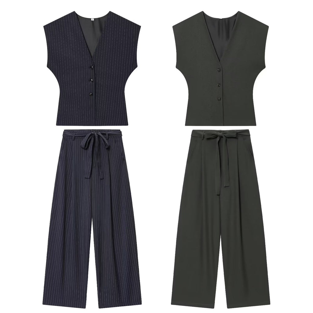 Style Women's V-Neck Wide Sleeve Fine Stripe Vest with High Waist Plea