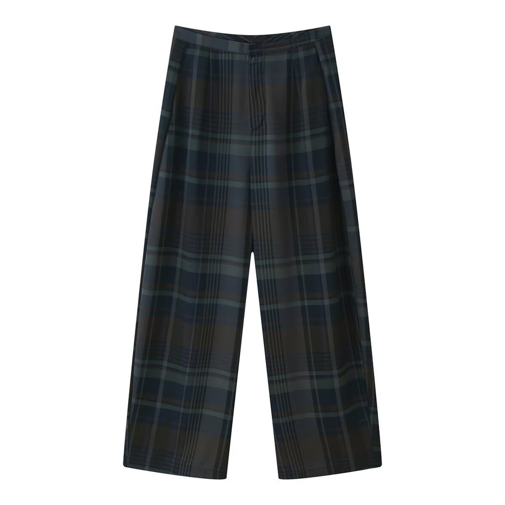 Plaid pleated top+balloon pants