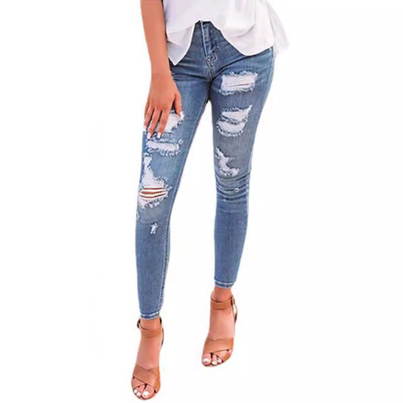 High waisted ripped elastic small leg jeans for women