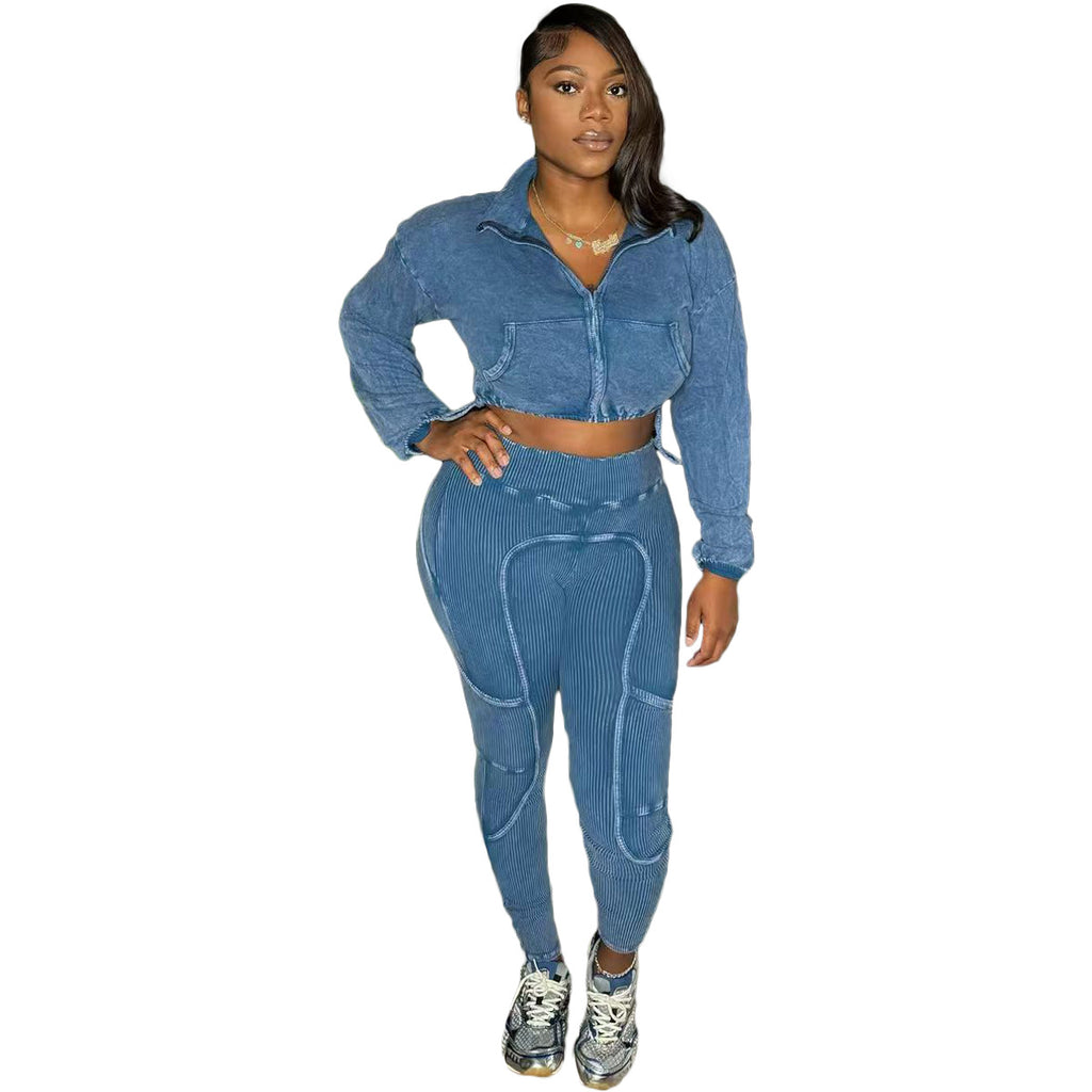 Casual Fashion Washed Tie-Dye Patchwork Set for Women