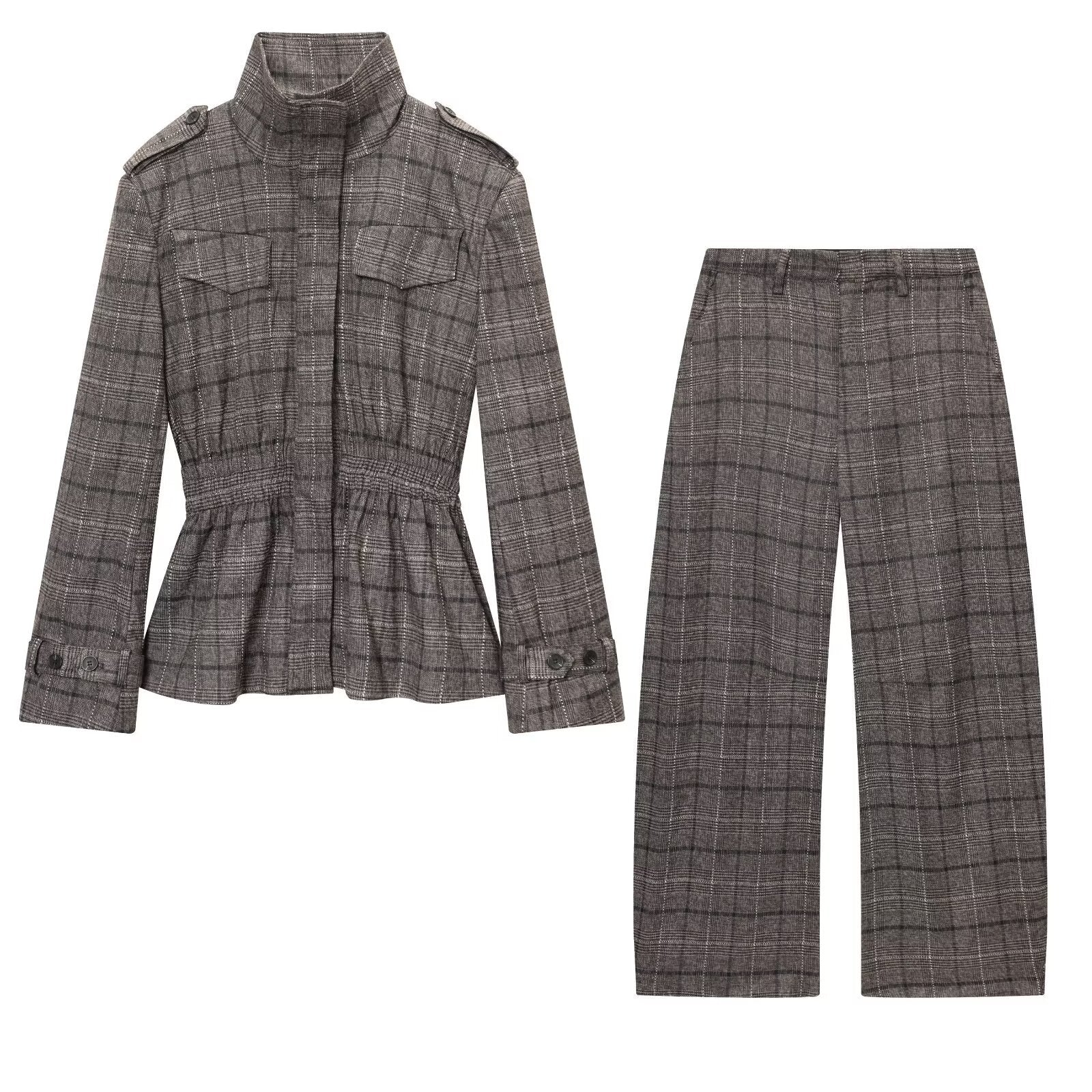 Grid patterned lotus leaf hem jacket+balloon version pants