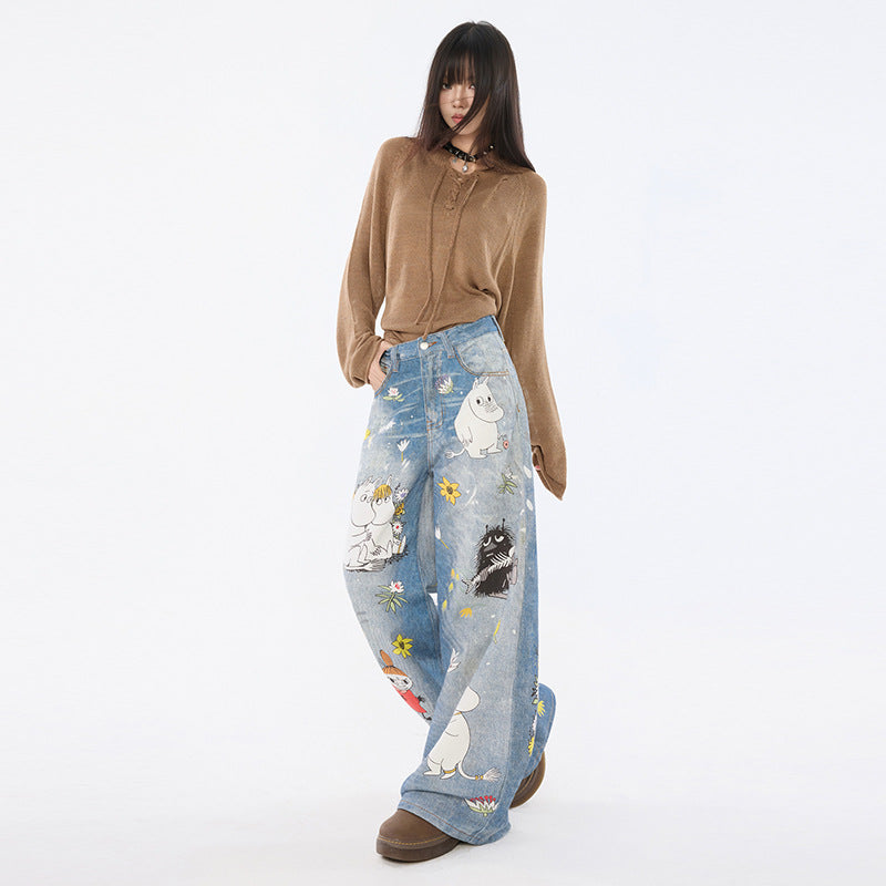 Women's Cartoon Wide-Leg Jeans Unique Design Loose Straight Pants
