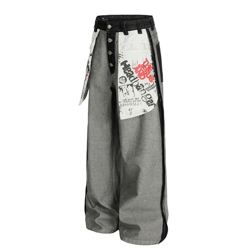 Street Style Printed Deconstructed Asymmetrical Design Loose Fit Unisex Jeans