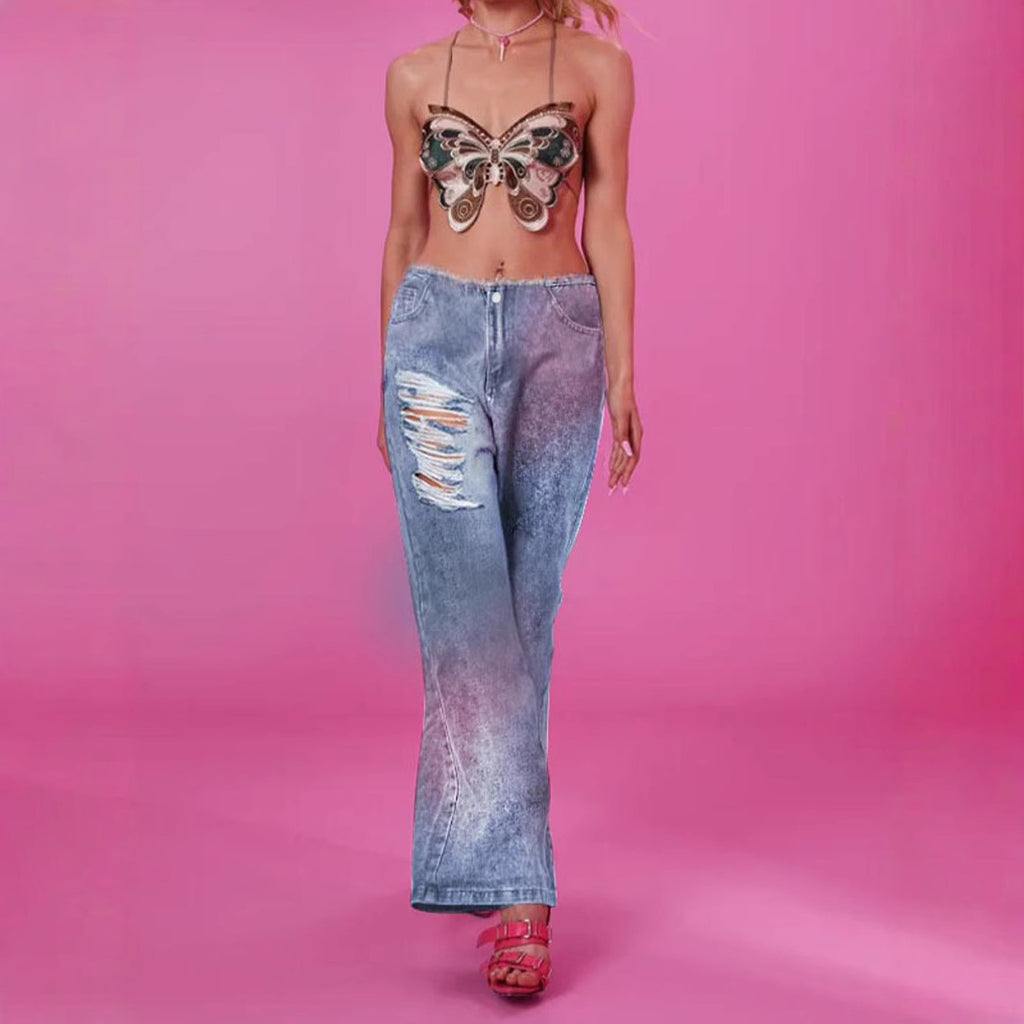 Tie dye ripped straight leg micro flared pants casual jeans
