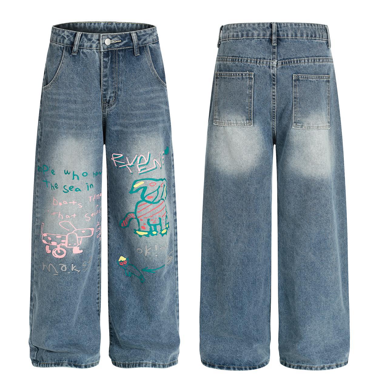 Fun retro graffiti puppy print jeans