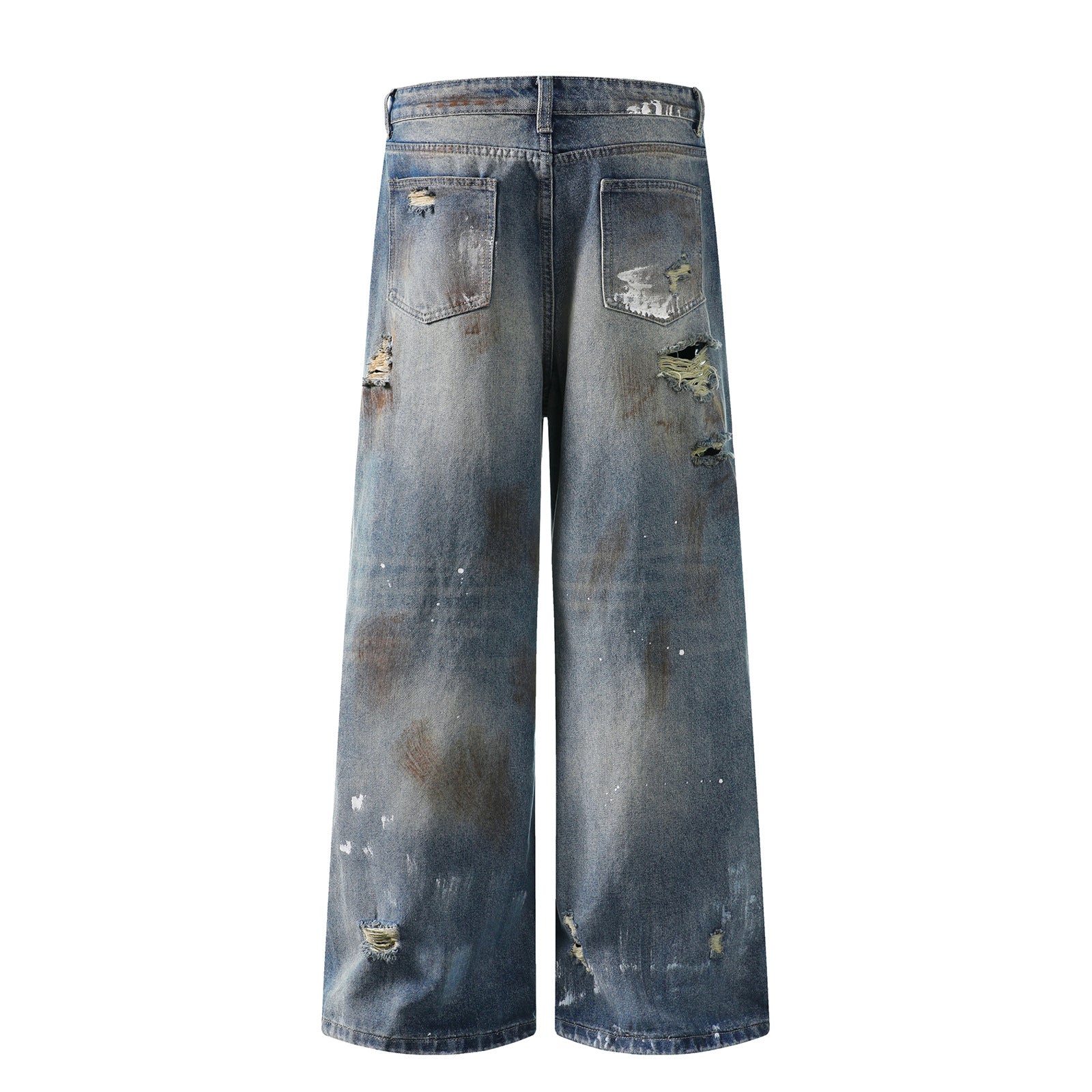 Mud stained denim jeans with holes