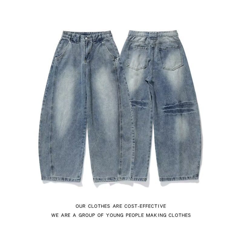 Retro washed bamboo knot deconstructive curved knife jeans