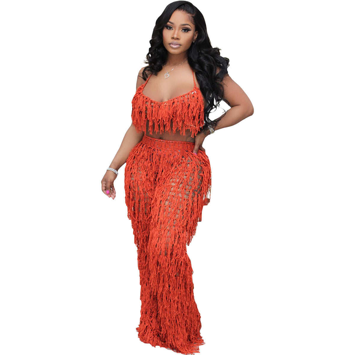 Urban Style Sexy Sheer Knit Hand-Knit Tassel Beach Set