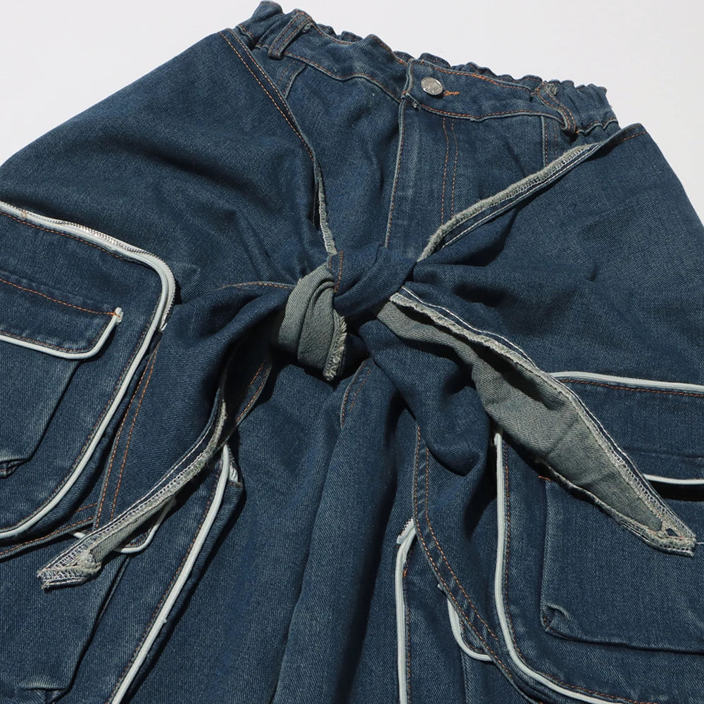Structural binding workwear jeans for women loose fitting multi pocket jeans