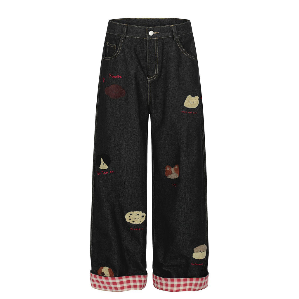 Washed vintage puppy embroidered lazy jeans