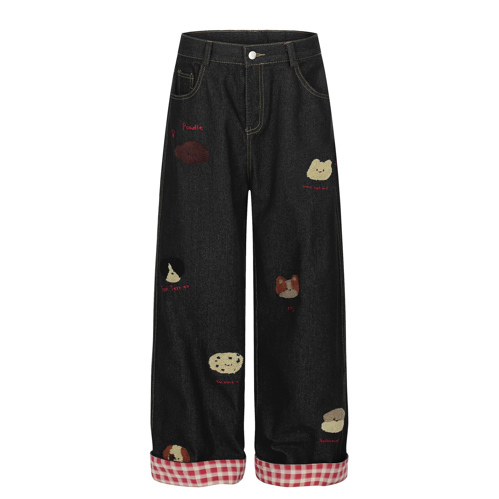 Washed vintage puppy embroidered lazy jeans