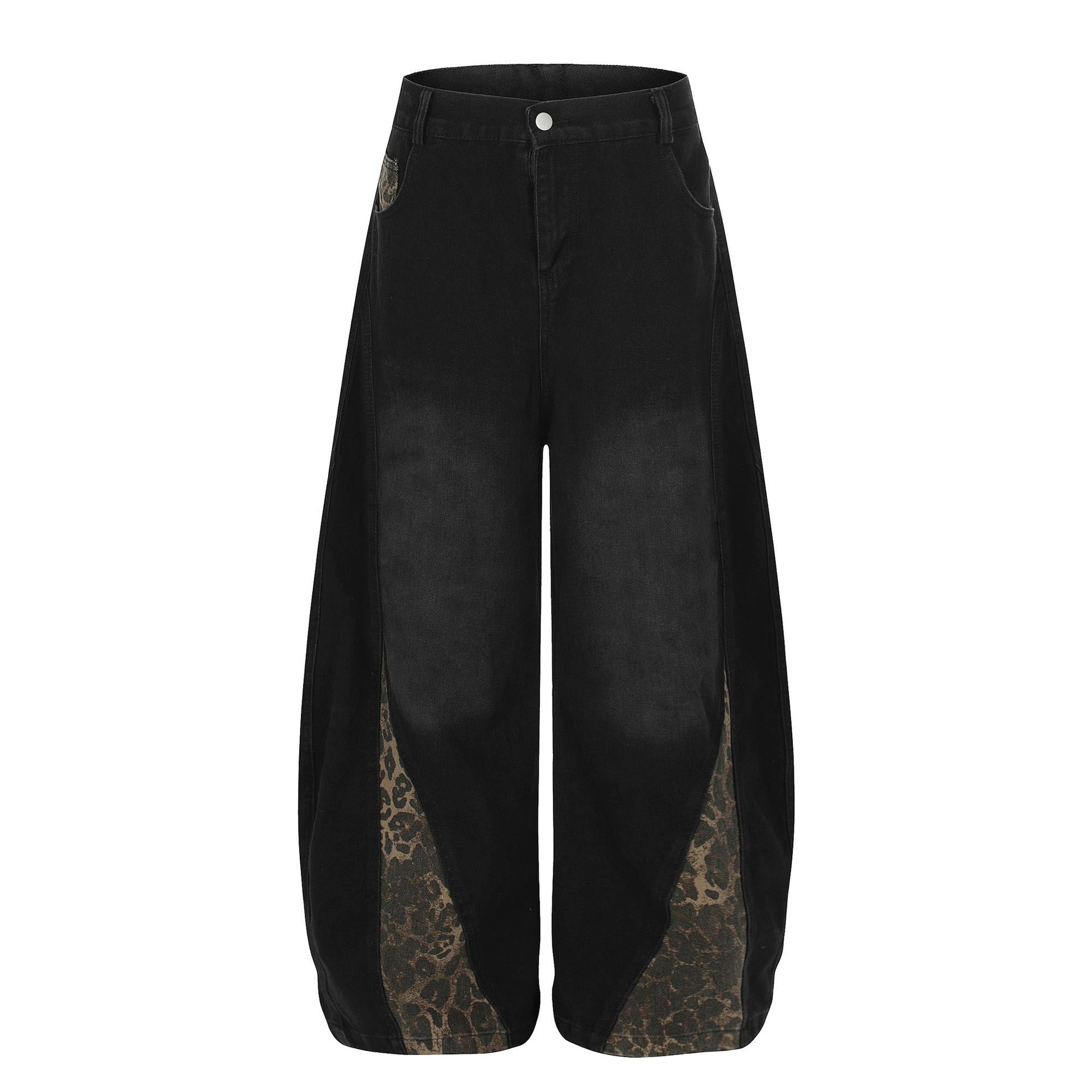 Retro leopard print patchwork hanging wide leg jeans