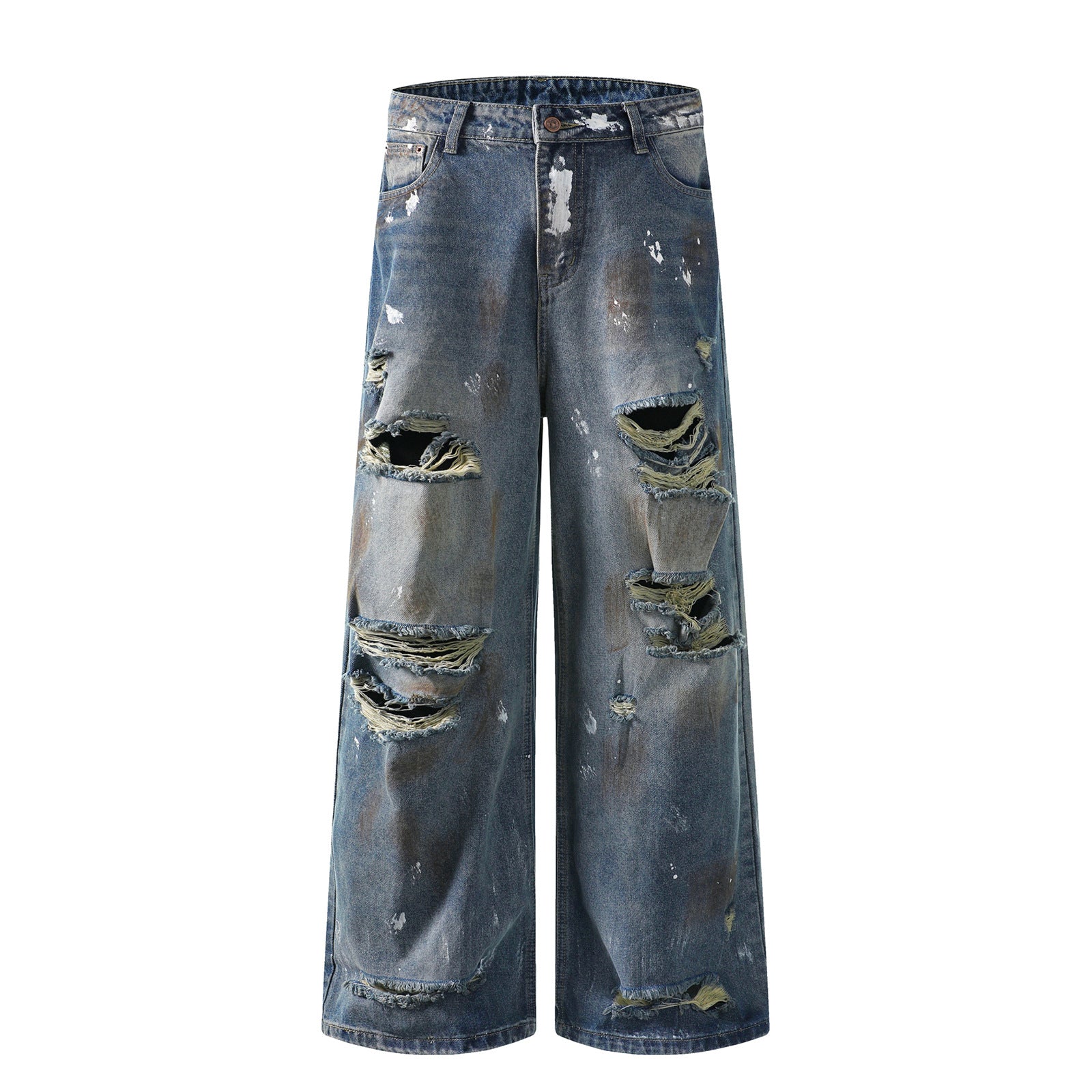 Mud stained denim jeans with holes