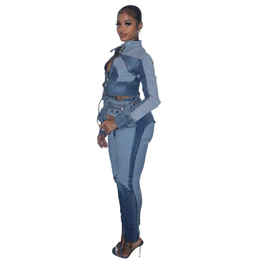 Fashionable Sexy High-ElasticWashed Denim Casual Two-Piece Set for Women