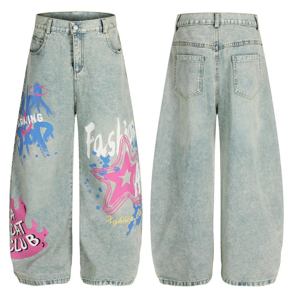 Casual Letter Print Straight Cut Jeans Denim Pants