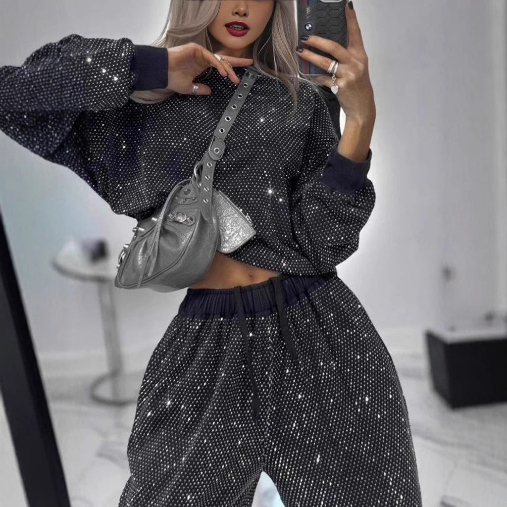 Style Autumn Winter Women's Starry Sky Long Sleeve Round Neck Loose Top with Drawstring Wide Leg Two-Piece Set