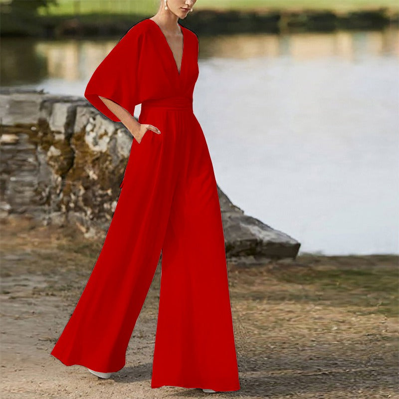 Jumpsuit deep V-high waist wide leg long pants women's dress
