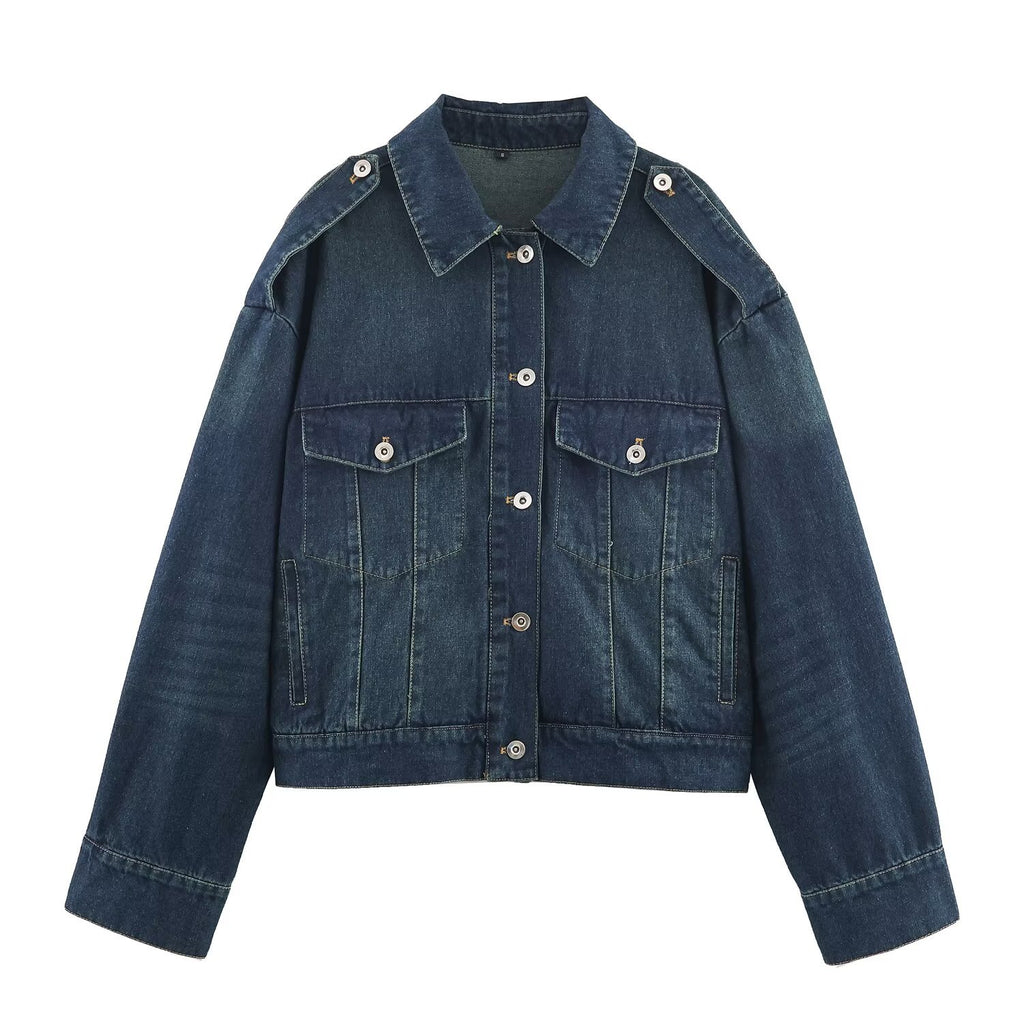 Style Solid Color Long Sleeve Button Lapel Collar Regular Fit Denim Jacket