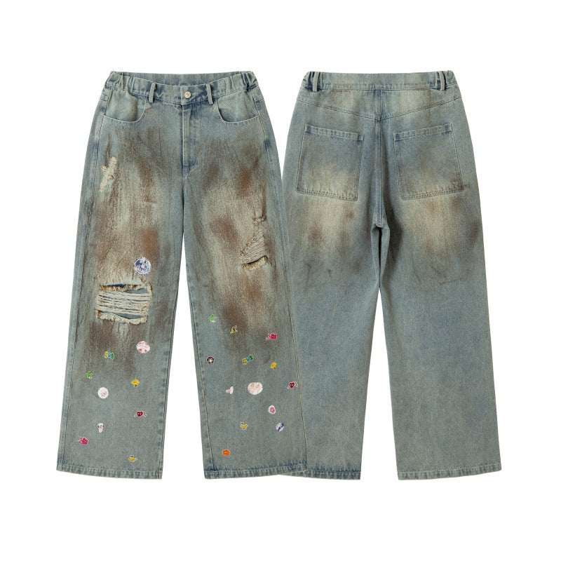 Splashed ink ripped jeans washed loose pants