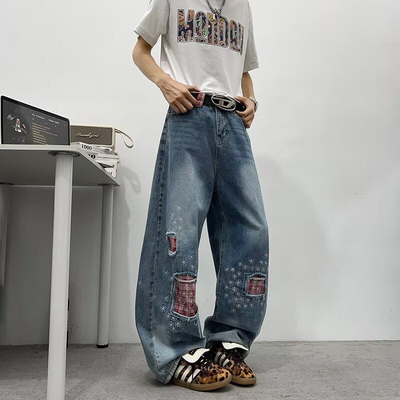 Vintage distressed patch embroidered jeans