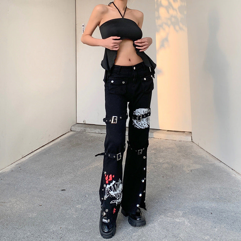 Metal buckle contrasting print high waisted workwear jeans for women