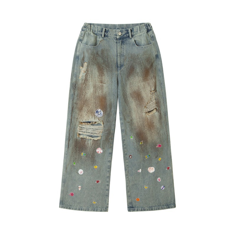 Splashed ink ripped jeans washed loose pants